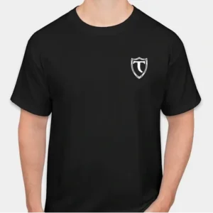 Black t-shirt with white shield T logo