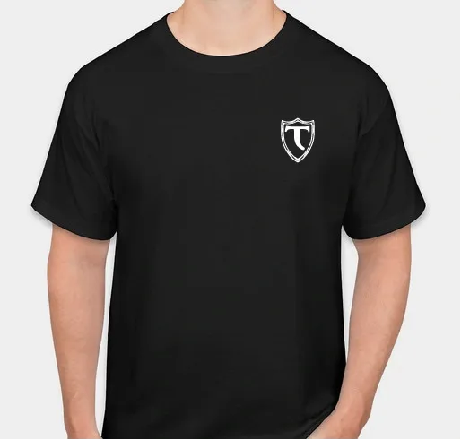 Black t-shirt with white shield T logo
