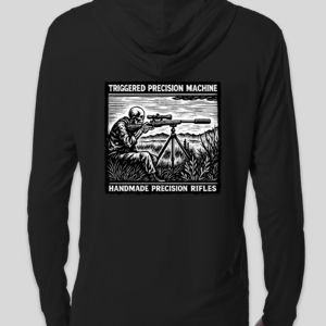 Black hoodie featuring sniper rifle graphic and text