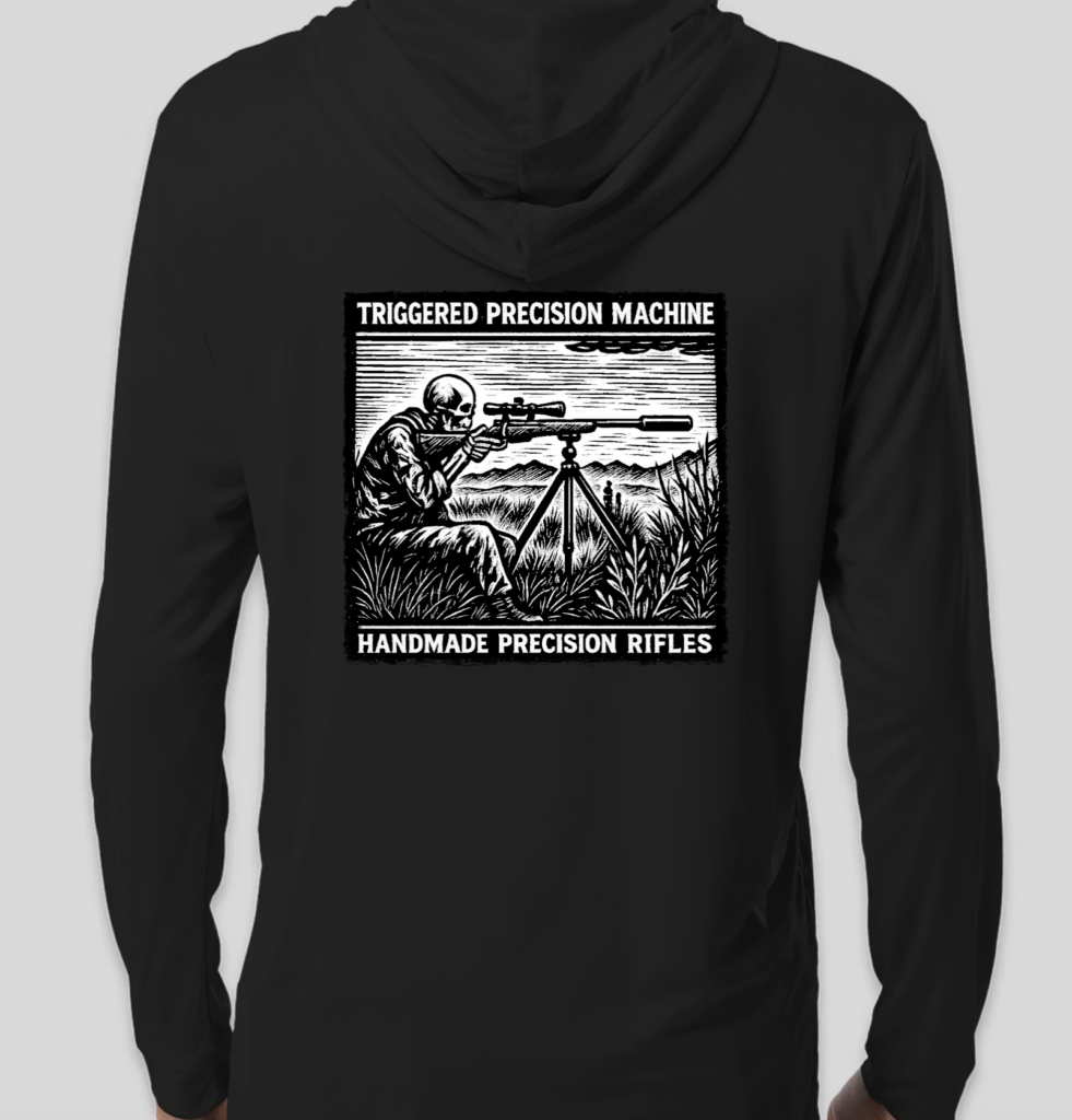 Black hoodie featuring sniper rifle graphic and text