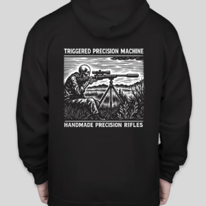 Black hoodie design: sniper aiming rifle