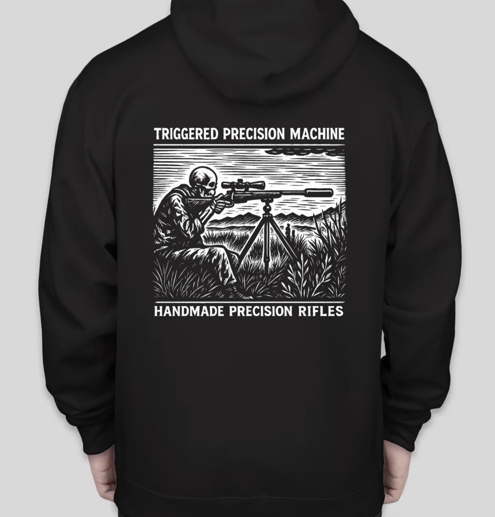 Black hoodie design: sniper aiming rifle