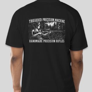Back of black t-shirt with rifle graphic