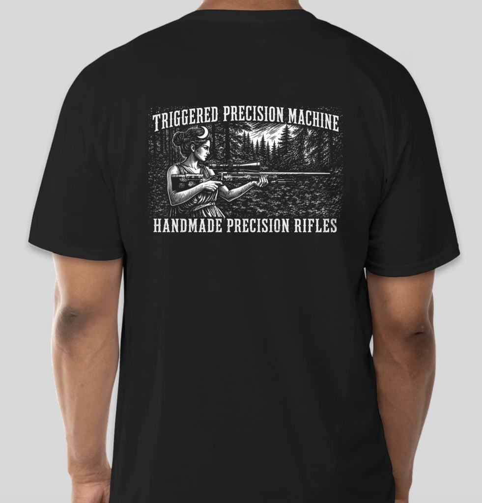 Back of black t-shirt with rifle graphic