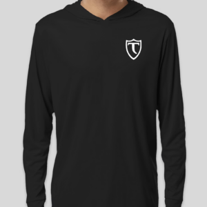 Black hooded pullover with white shield crest