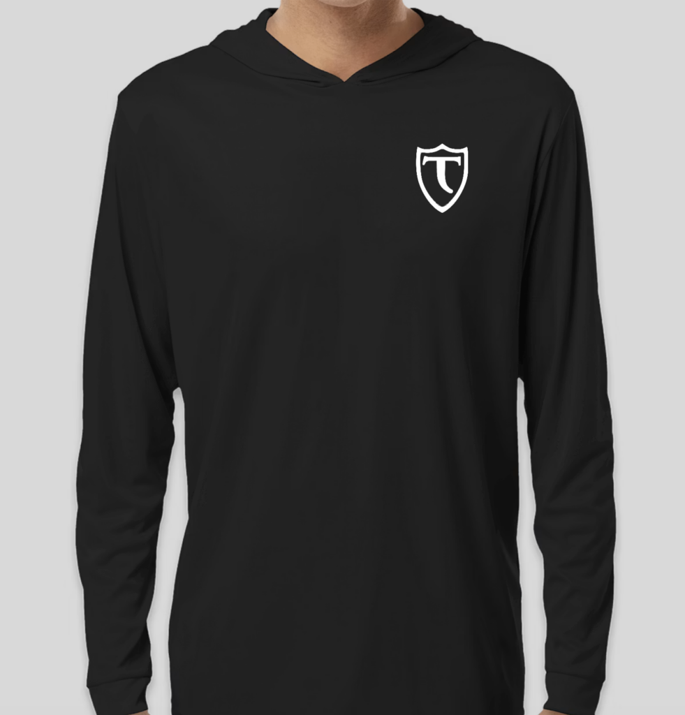 Black hooded pullover with white shield crest